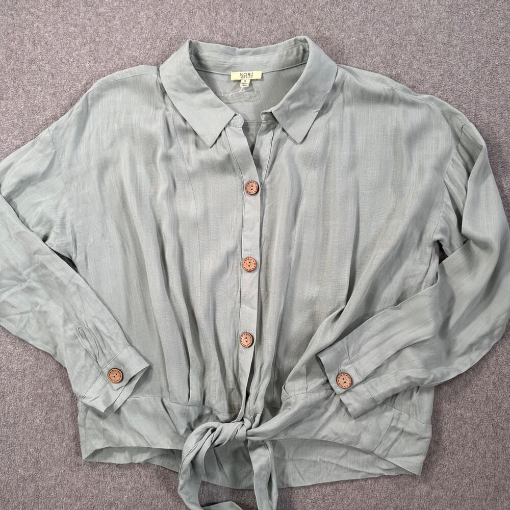 Kori America Green Knotted Button Up Blouse Women's Small Collared Long Sleeve